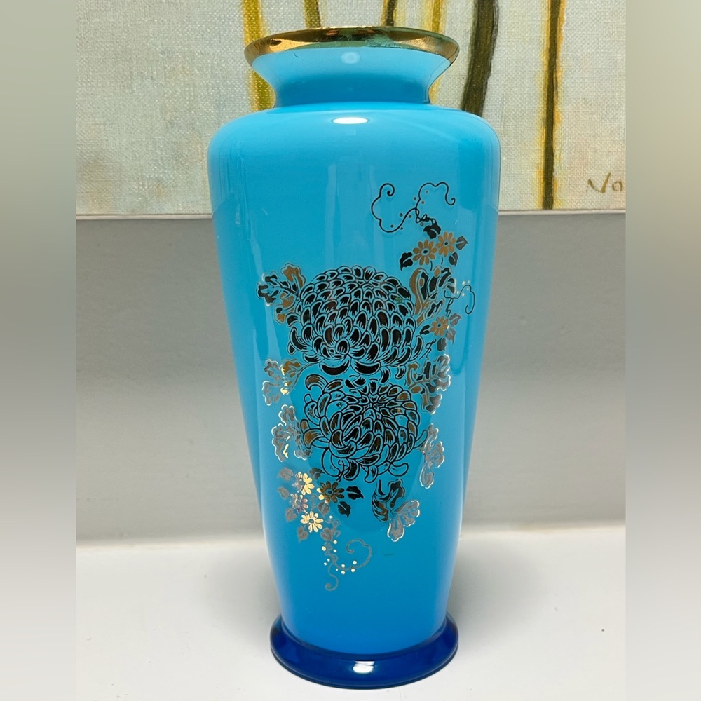 Vintage Blue Glass Vase with Etched Gold Design